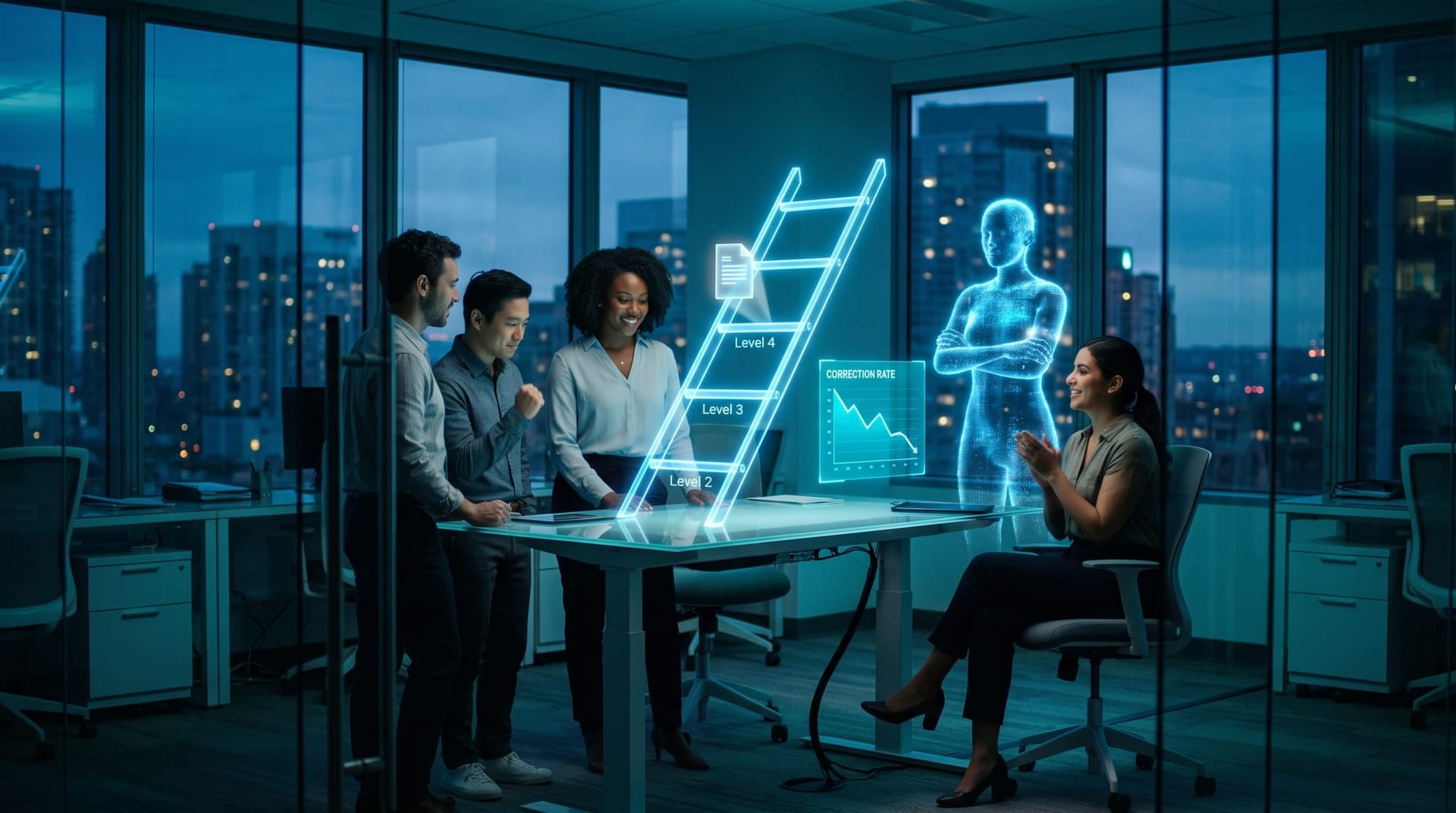 Team celebrating as a task icon rises one rung on a holographic autonomy ladder while a falling correction-rate line chart glows beside it