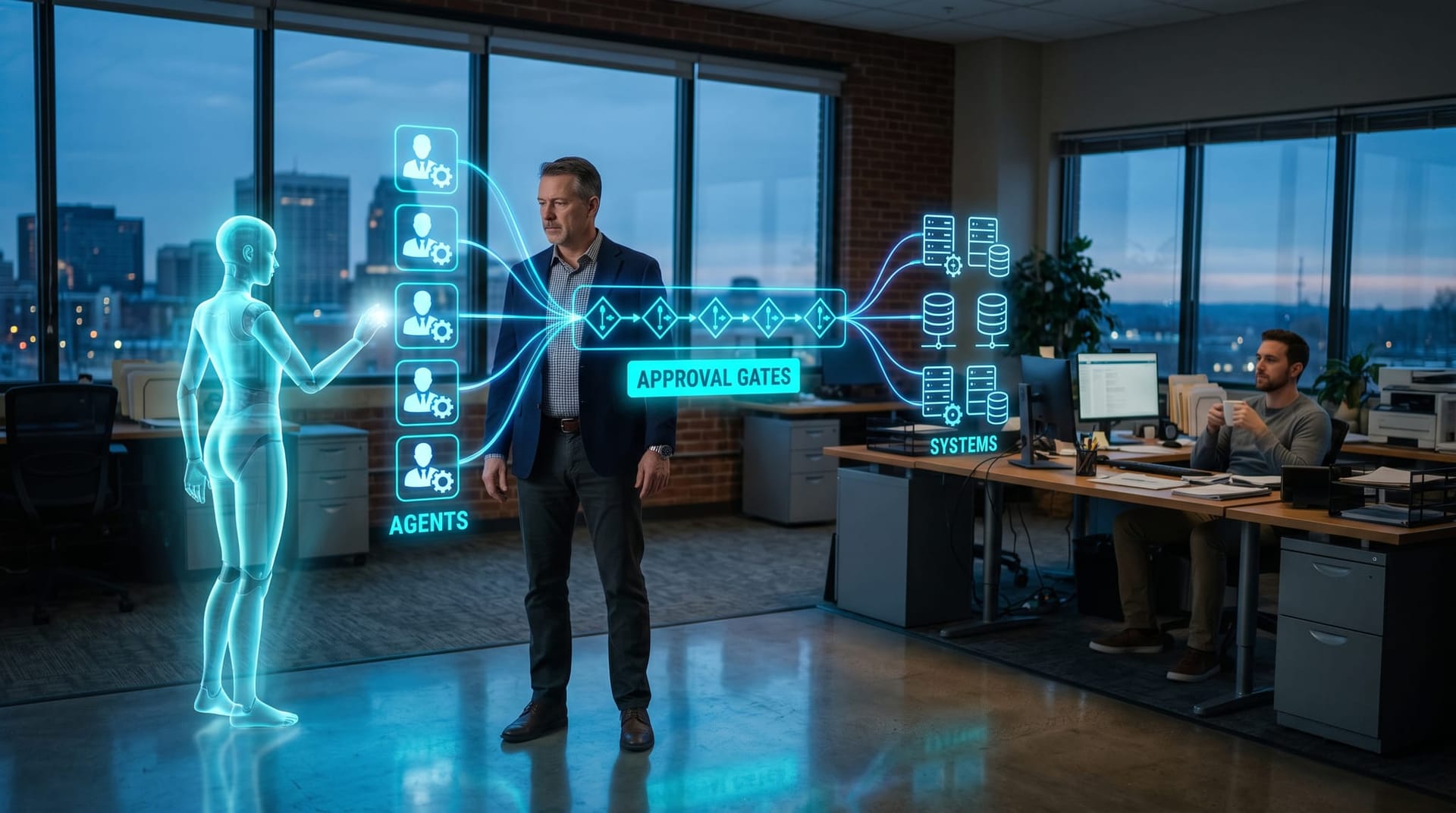 Owner and AI Employee avatar reviewing a holographic gateway diagram where approval gates sit between agent icons and business systems