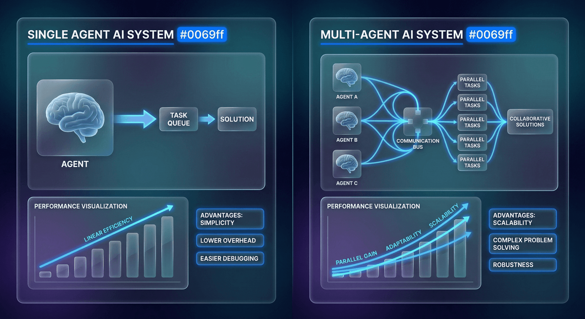 Side-by-side comparison of single-agent versus multi-agent AI systems
