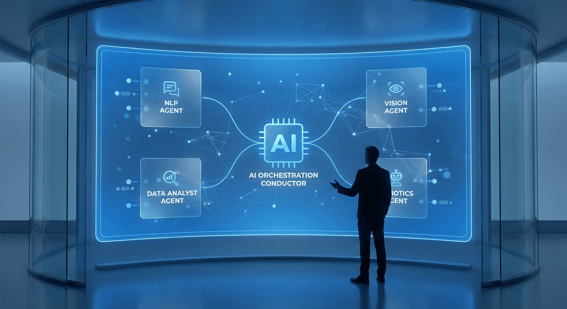 AI orchestrator conducting multiple specialized sub-agents including research, content, SEO, monitoring, and customer engagement