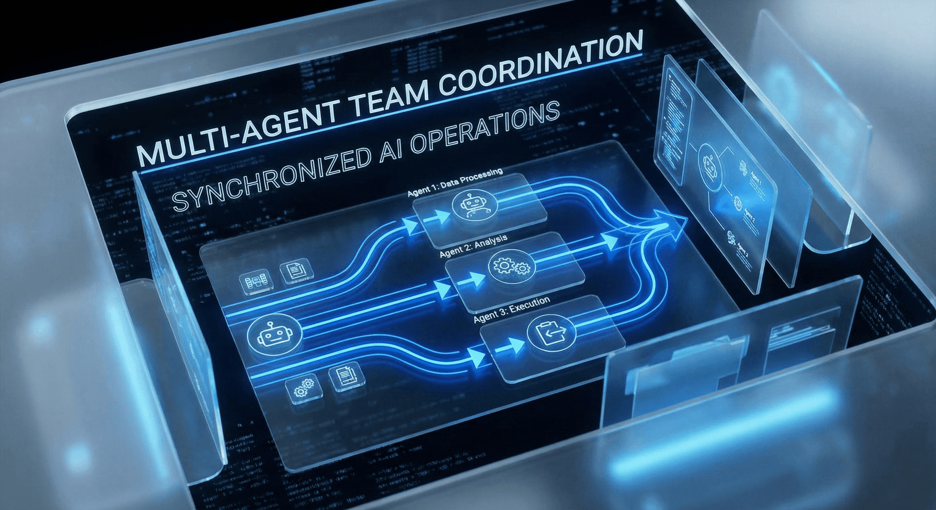 Multi-agent AI coordination and communication workflow showing specialized agents exchanging data through an orchestration layer