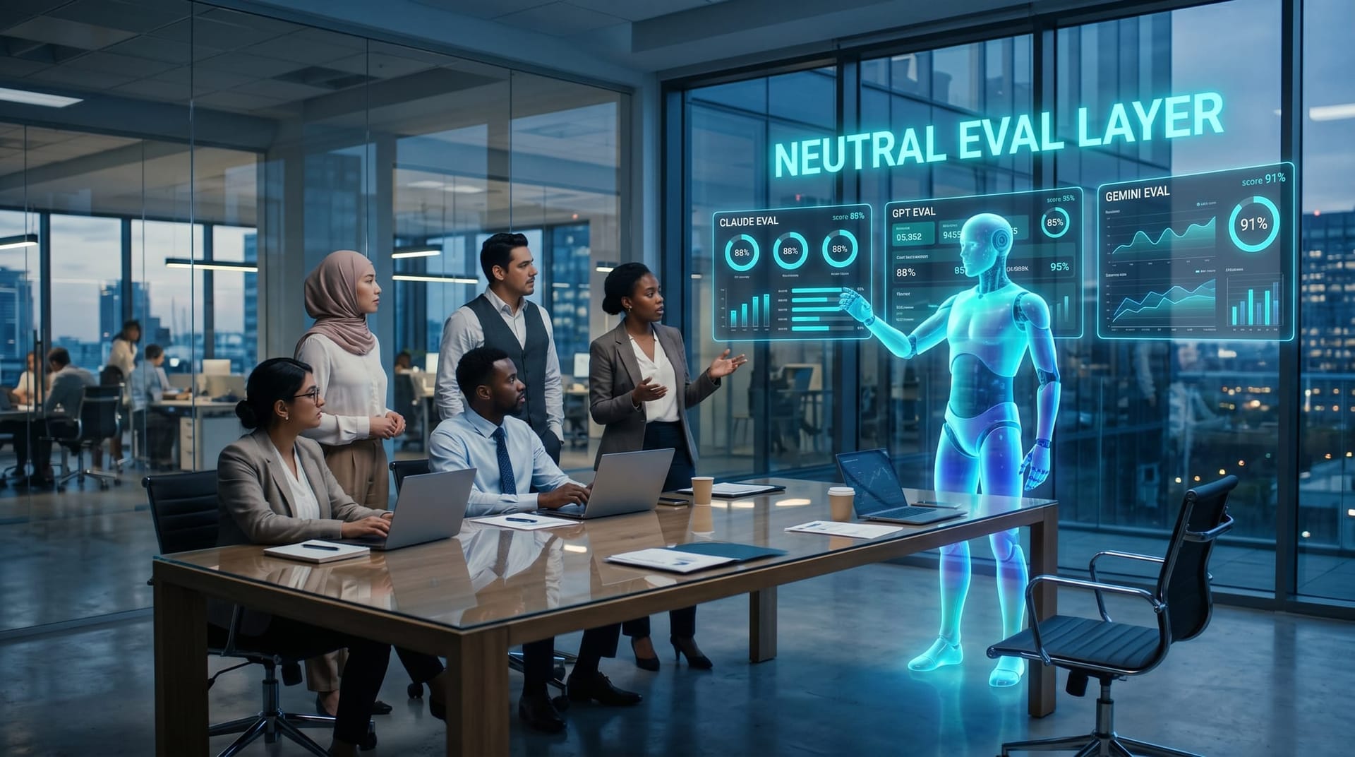 A diverse mid-market IT leadership team studying a translucent cyan holographic AI Employee figure pointing at three side-by-side eval scorecards labeled Claude, GPT, and Gemini in a glass-walled boardroom.