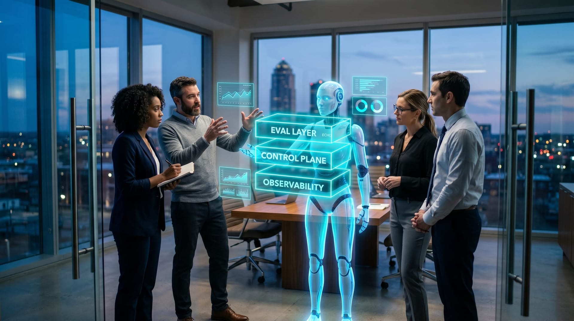 A translucent cyan holographic AI Employee figure projects a layered diagram showing control plane, observability, and eval layer tiers above a conference table of diverse business colleagues.