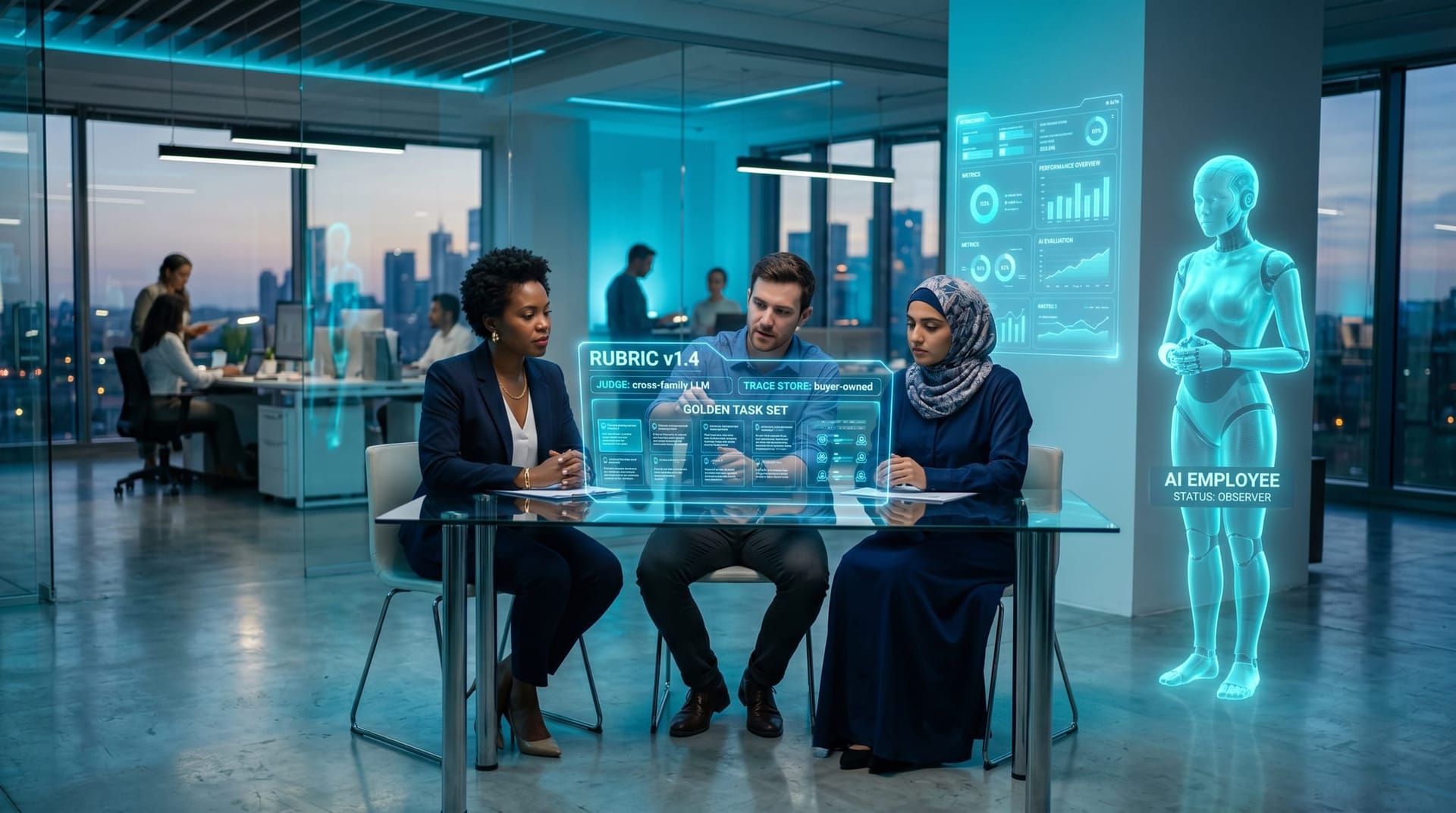 Diverse colleagues review a holographic rubric document and judge configuration suspended over a desk while a cyan AI avatar stands beside them in a glass-walled office.