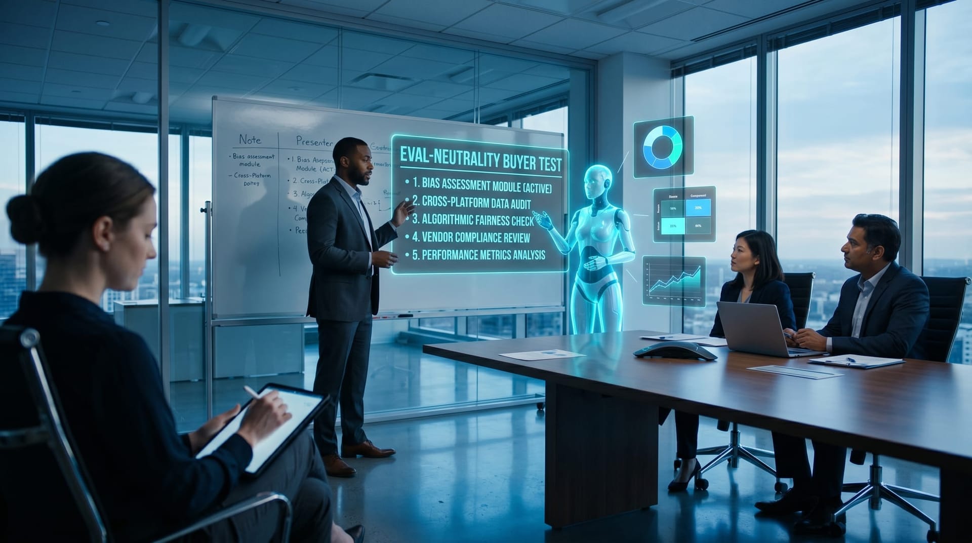 An IT director and operations colleagues run through a five-question buyer test on a holographic checklist beside a cyan AI Employee in a glass-walled conference room.