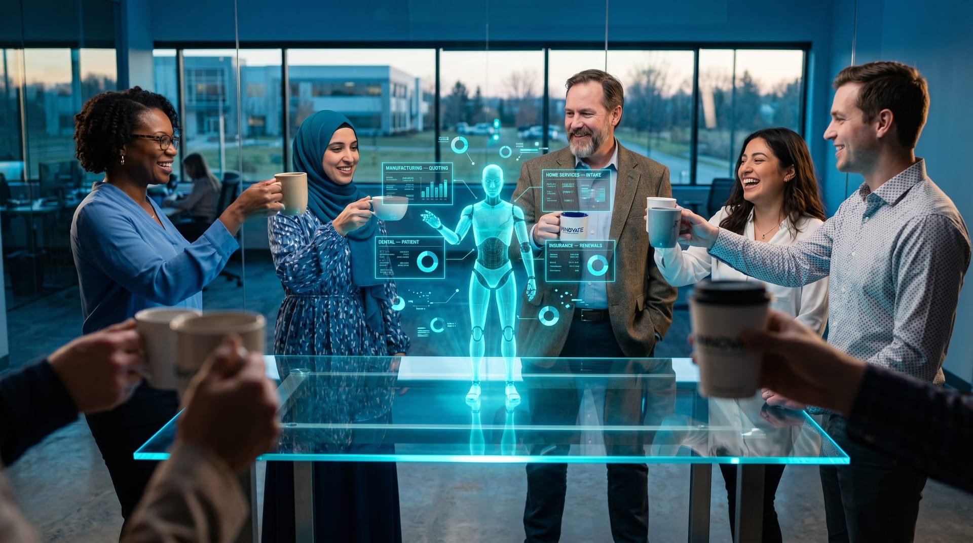 A diverse small mid-market team raises coffee cups in a toast around an interactive table display while a cyan AI avatar surveys floating dashboards labeled by industry vertical.