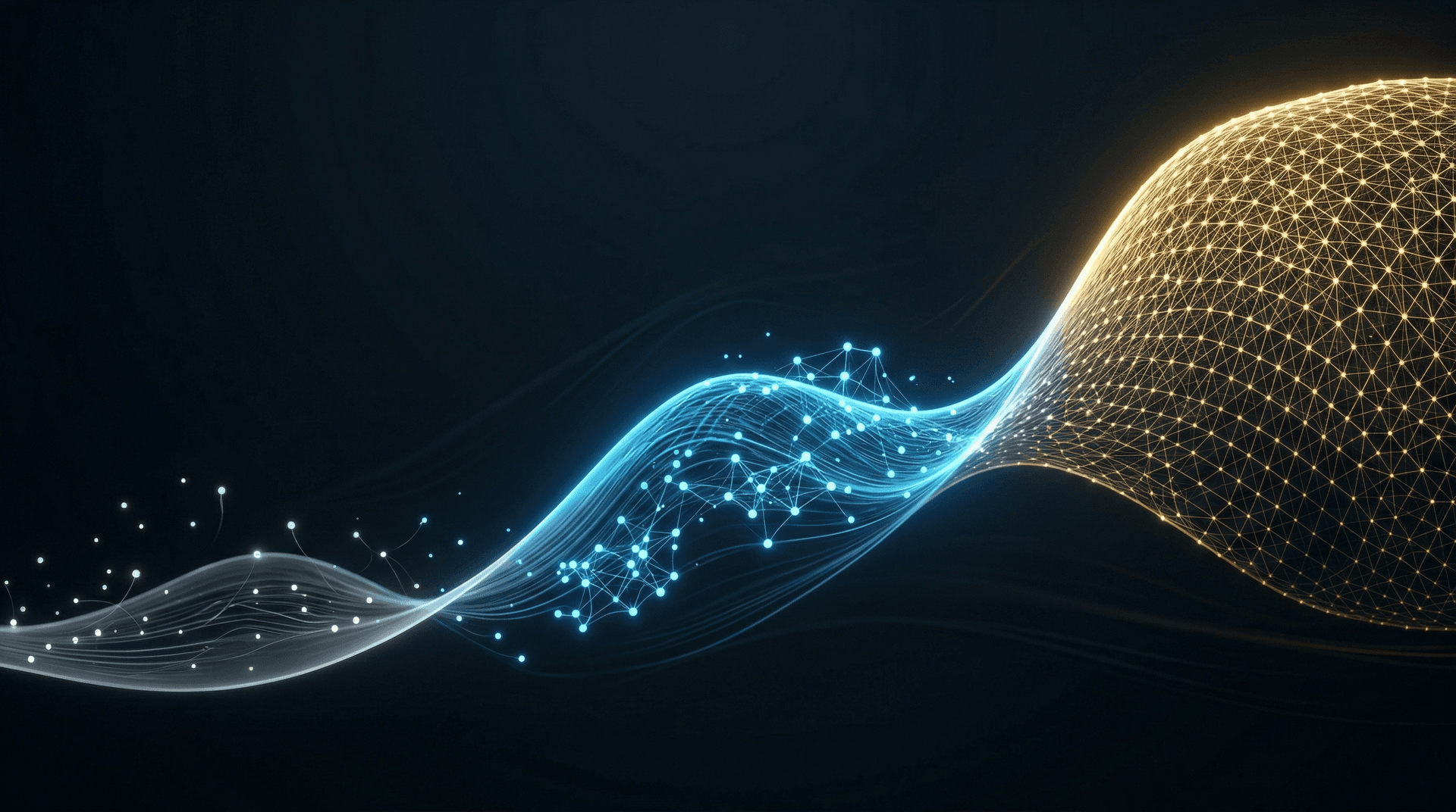 Luminous adoption wave rising left to right from scattered experimental nodes through forming clusters to a fully connected mainstream grid