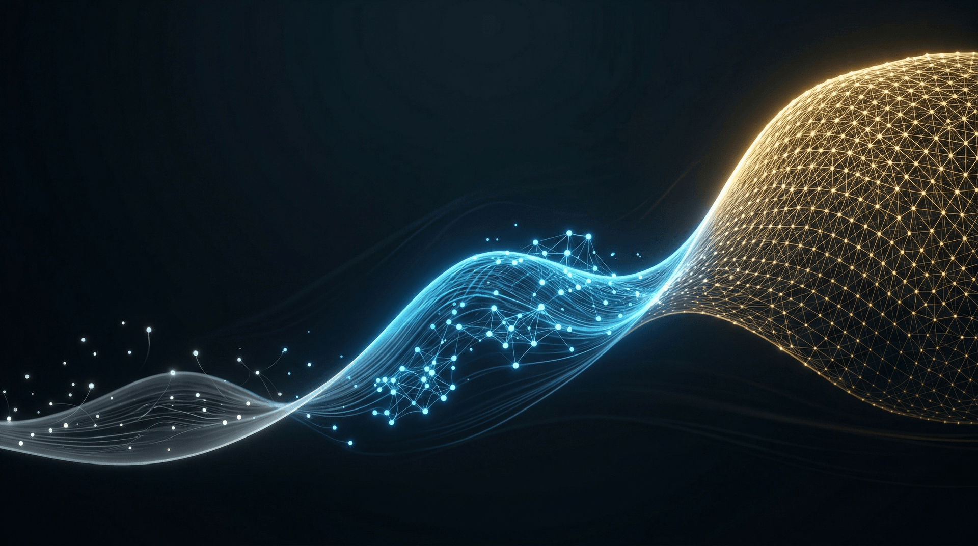 Luminous adoption wave rising left to right from scattered experimental nodes through forming clusters to a fully connected mainstream grid