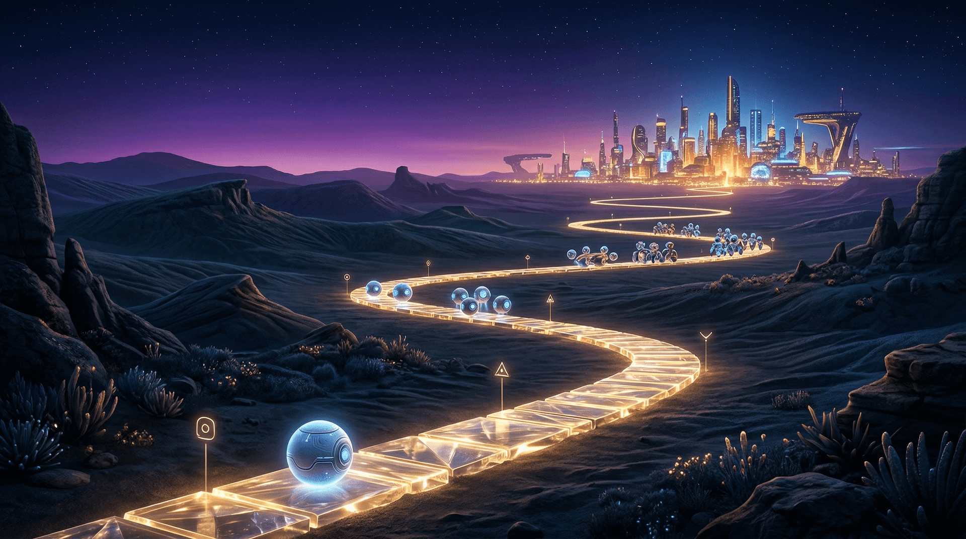Glowing deployment pathway stretching from a single AI agent orb to organized teams and a full illuminated AI workforce city on the horizon