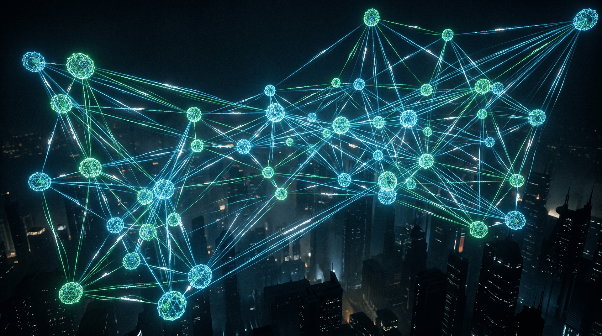 Vast constellation of interconnected AI agent nodes linked by luminous data streams above enterprise building silhouettes in green and blue
