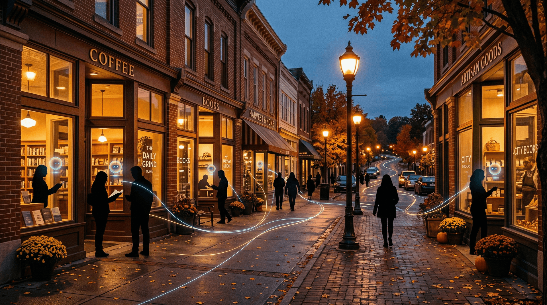 Warm dusk scene of a Midwestern small business district with subtle AI assistant orbs visible through storefront windows