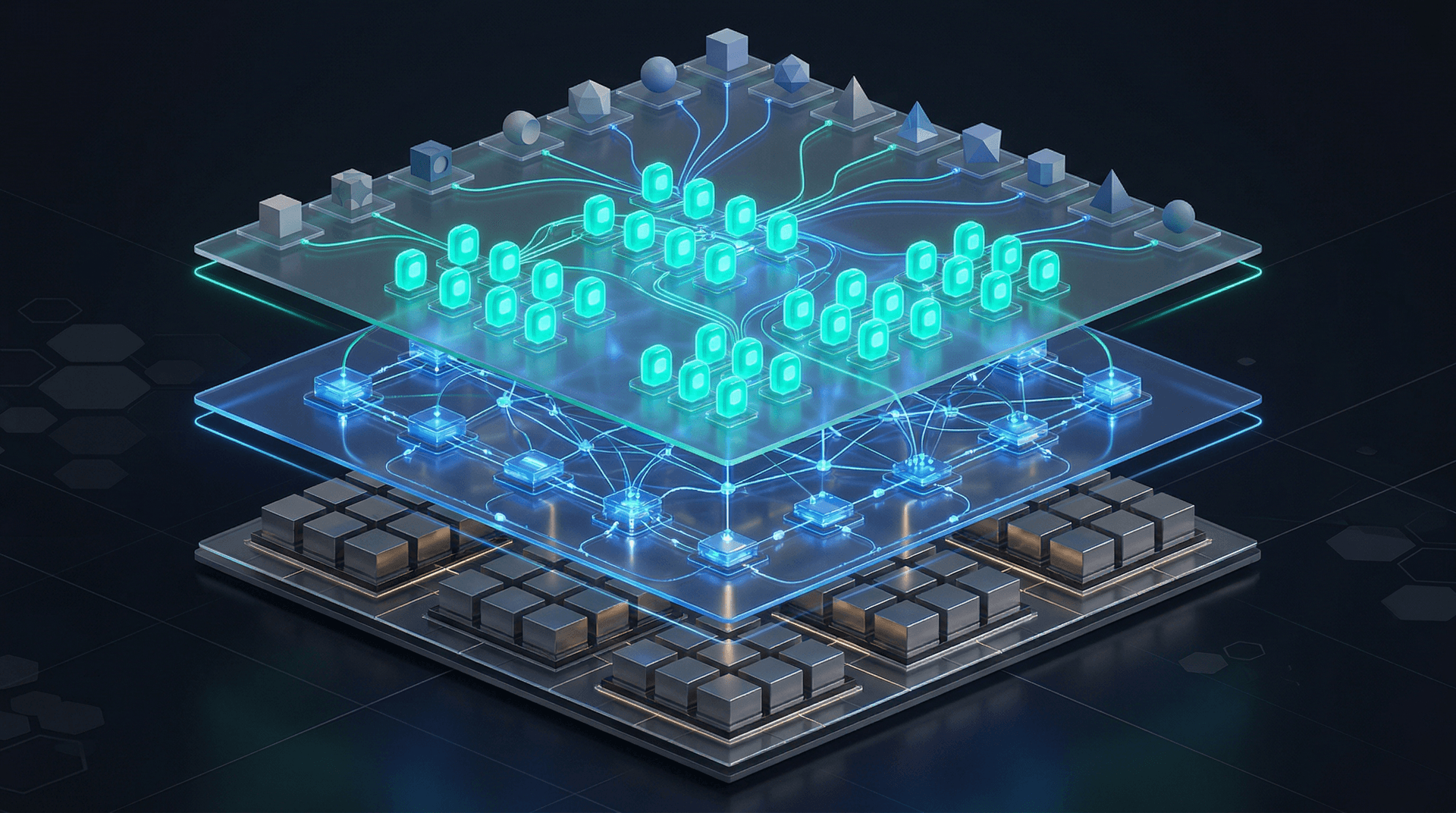 Isometric three-layer enterprise AI platform with GPU infrastructure base, blue orchestration mesh middle, and teal agent pods on top