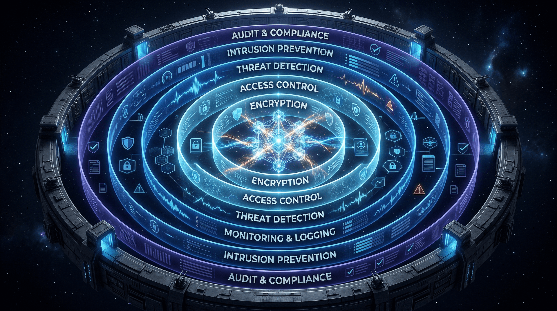 Concentric security rings protecting a central AI agent cluster with translucent shields showing encryption and access control patterns