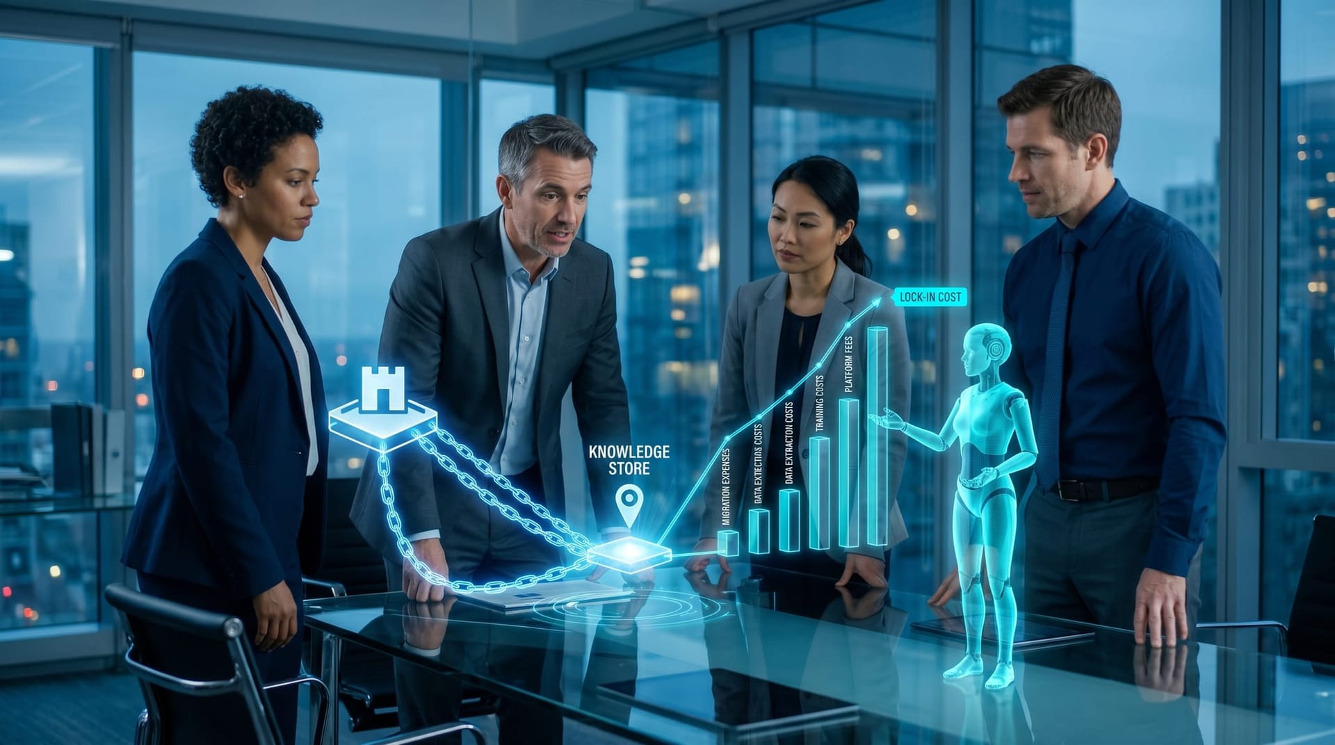 Business leaders weighing AI vendor lock-in risk against migration cost on a holographic dashboard of rising switching expenses