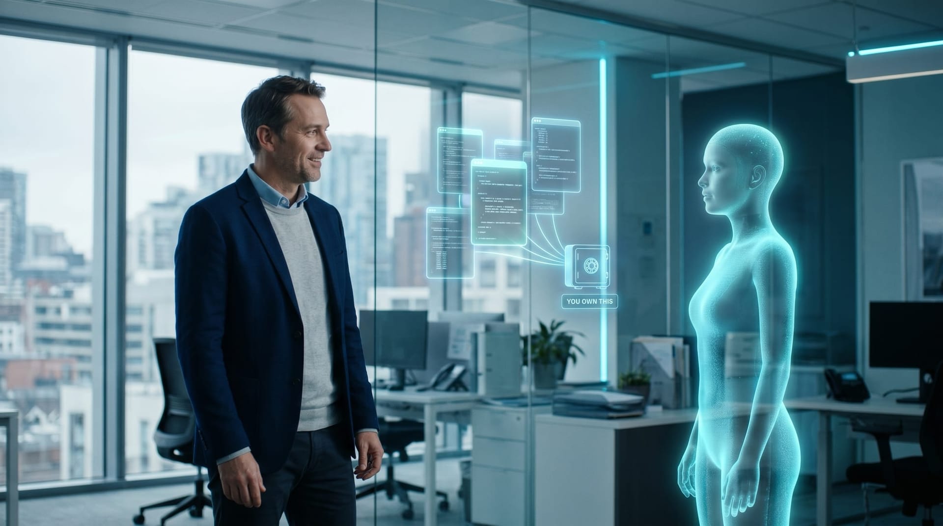 Northeast Indiana business owner reviewing an owned, portable AI knowledge base they control rather than rented vendor storage