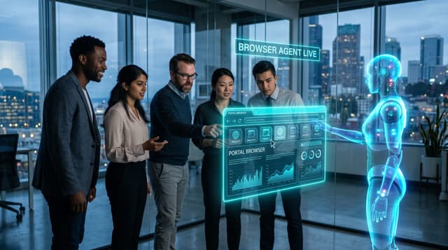 A diverse business team in a modern office watching a translucent cyan holographic AI Employee driving a floating browser window across multiple vendor portal tabs.