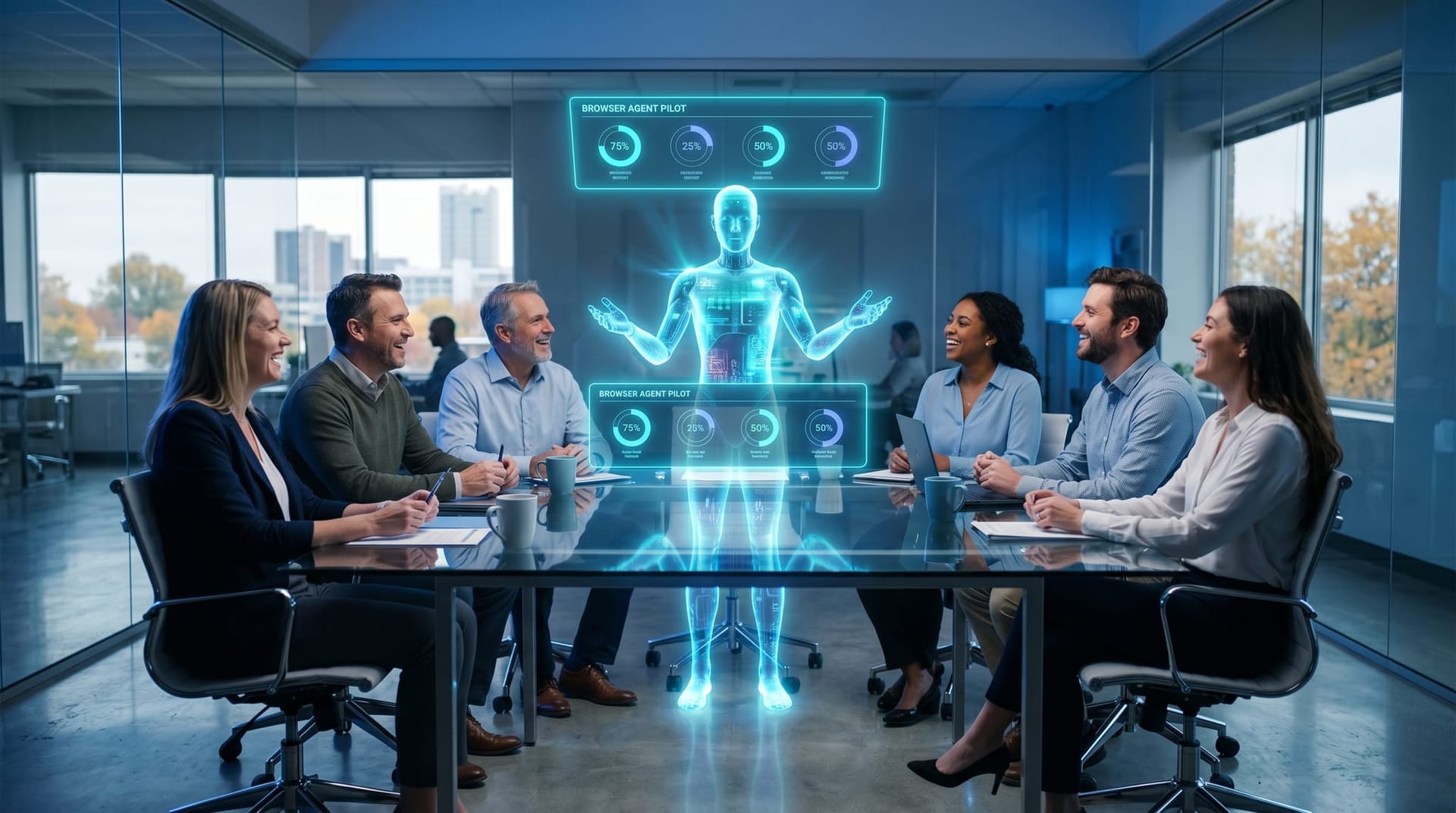 A diverse mid-market team reviews a floating cyan holographic 30-day pilot panel as a translucent AI humanoid hands the workflow plan to the operations director.
