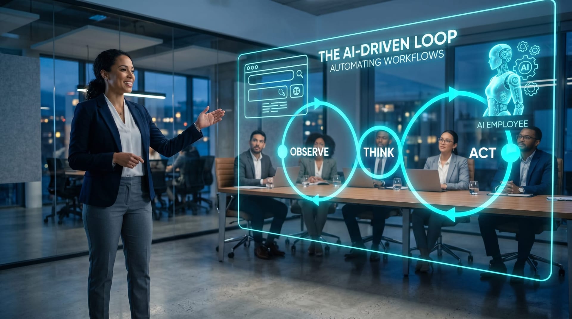 Diverse business team in a modern office watching a translucent cyan holographic AI Employee driving a floating browser window across multiple vendor portal tabs.