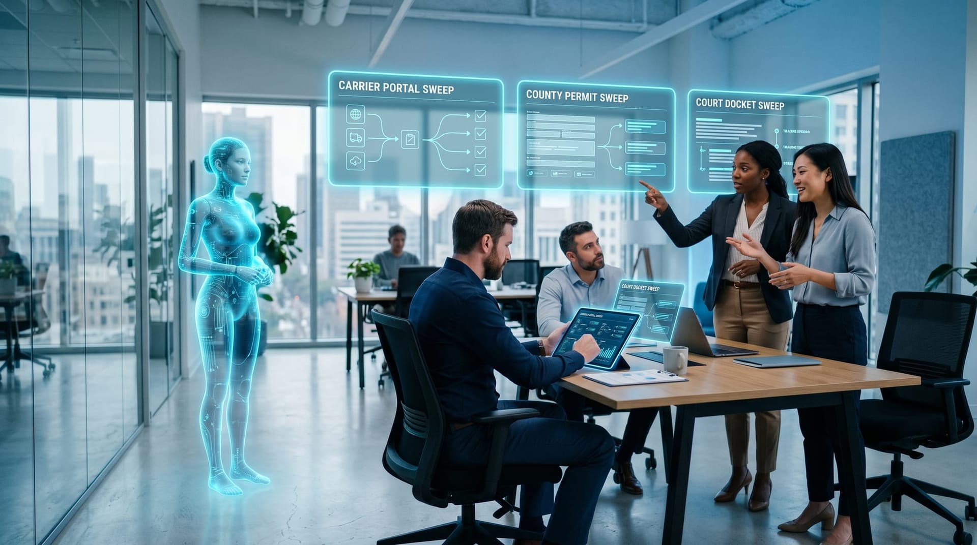 Three NE Indiana vertical clusters — insurance brokerage, manufacturer, and law firm — each beside a floating cyan holographic browser-CUA workflow panel.