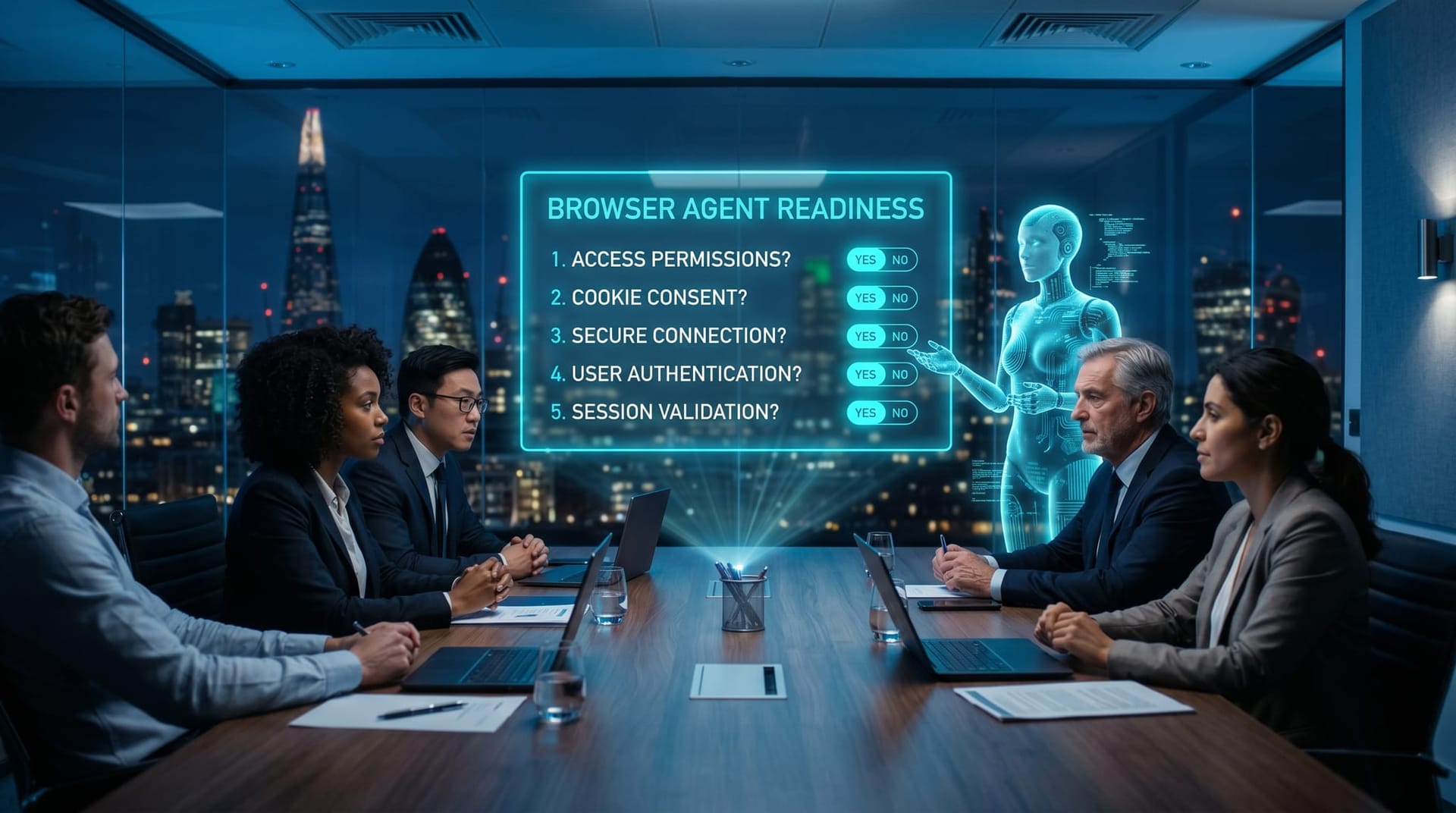 A diverse operations team studies a floating cyan holographic five-question readiness checklist with toggle indicators beside each portal-workflow question.
