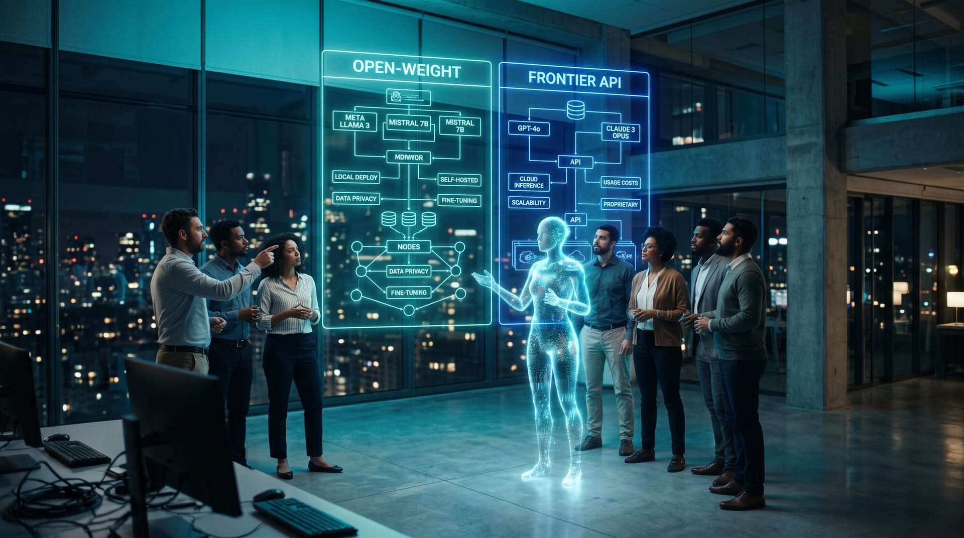 Technical team evaluating open-weight versus proprietary AI models for a multi-agent platform beside a translucent cyan holographic AI employee