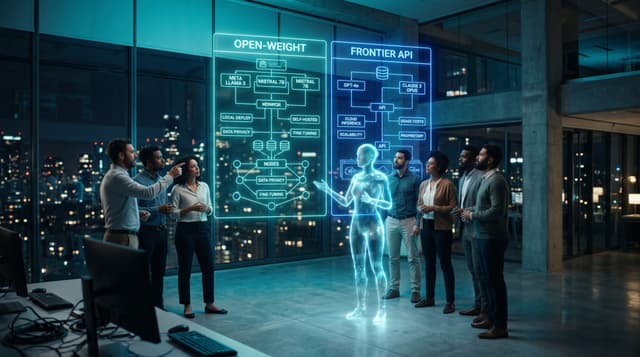 Technical team evaluating open-weight versus proprietary AI models for a multi-agent platform beside a translucent cyan holographic AI employee