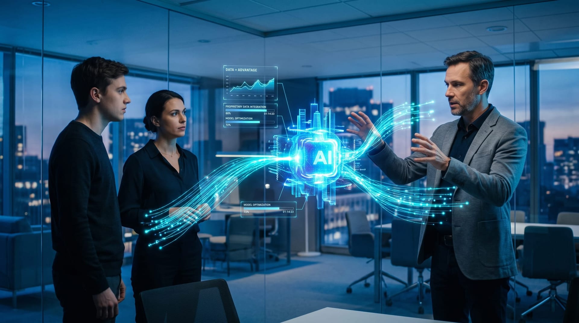 Holographic view of a base AI model being customized with a company's proprietary data streams, illustrating the open-weight data advantage