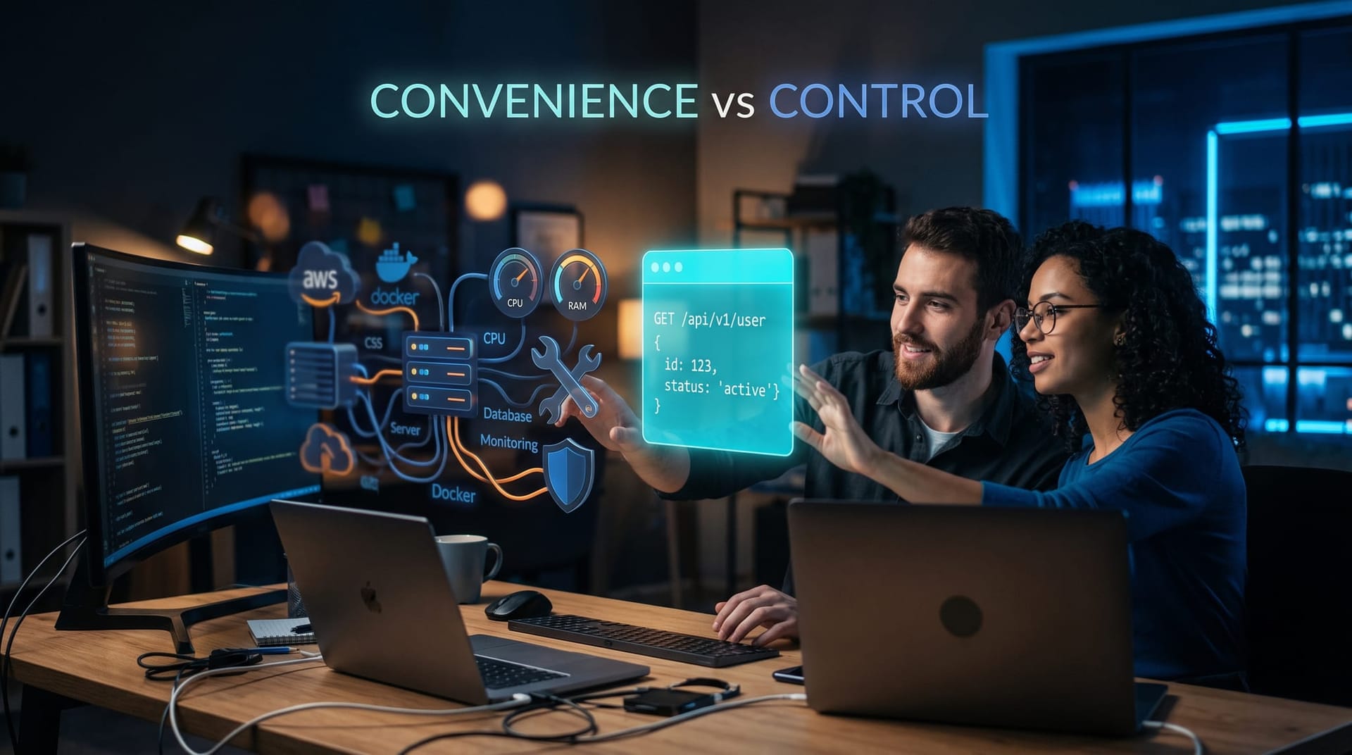 A lean team reaching for a simple hosted AI API panel, weighing convenience against the operations burden of self-hosting a model, in cyan light
