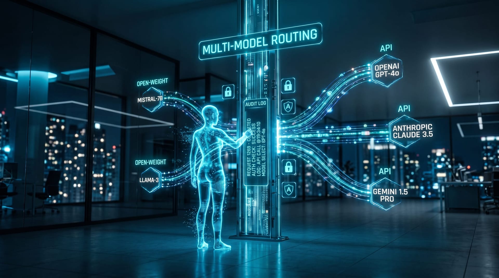 A secure AI gateway routing agent requests to multiple models, open-weight and API, with scoped-access locks and an audit log in cyan glow