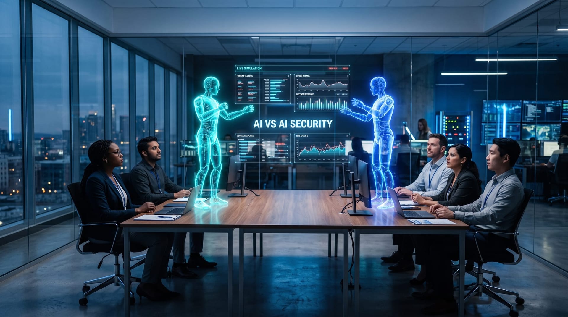 Two holographic AI avatars sparring over a glowing cyan attack-and-defense dashboard as a security team observes automated red teaming