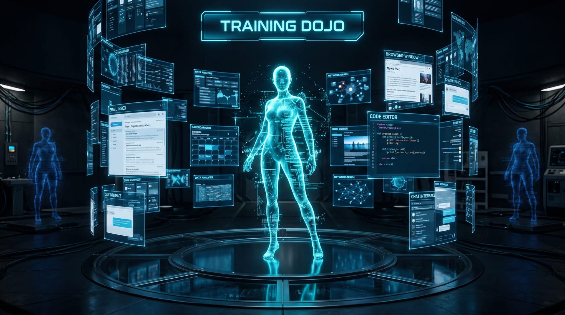 Holographic AI avatar demonstrating automated red teaming in a simulated training dojo of floating cyan test-scenario panels for GPT-Red