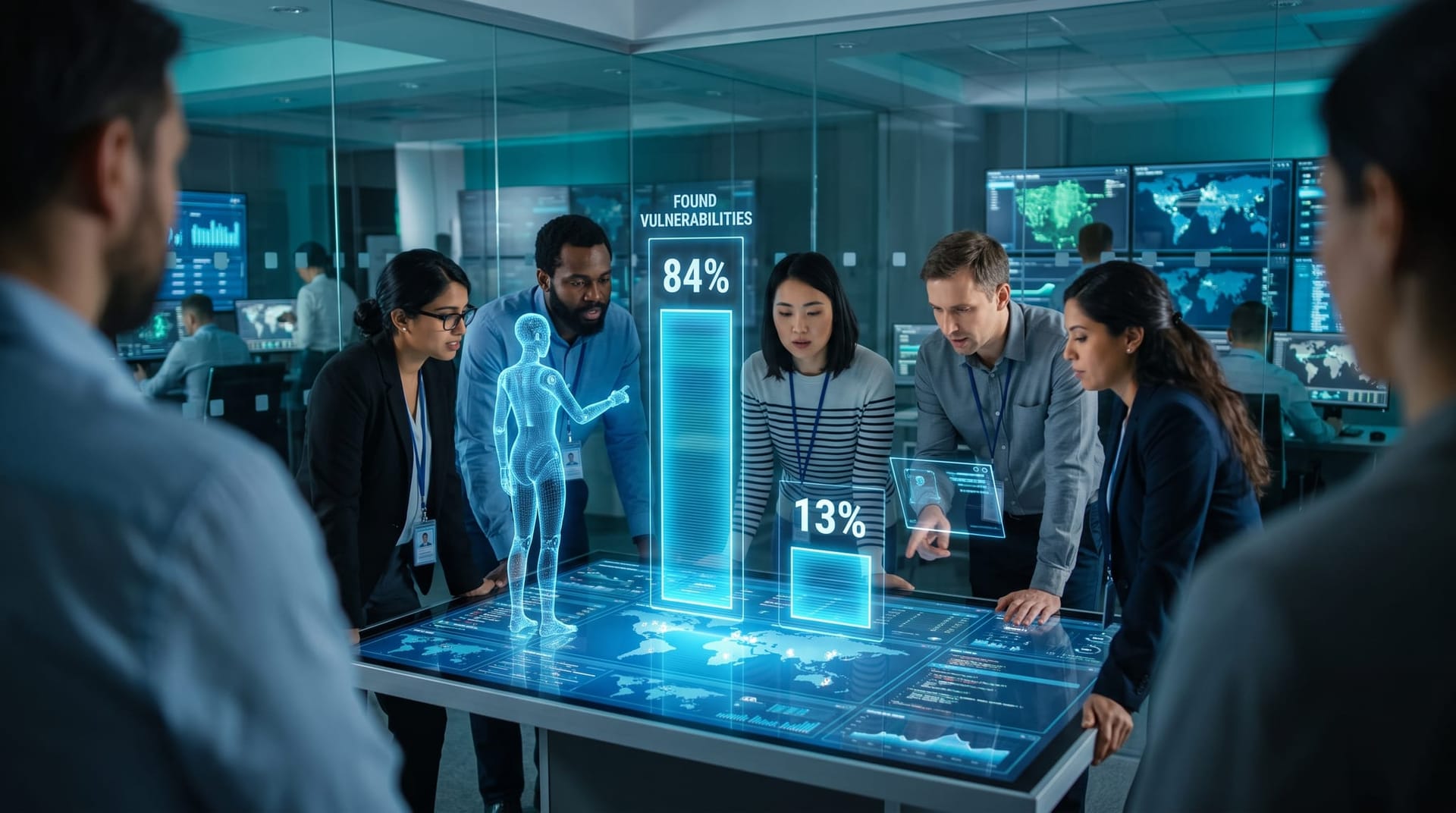 Security analysts comparing human versus AI red-team success rates on floating cyan bar charts in a glass-walled operations center