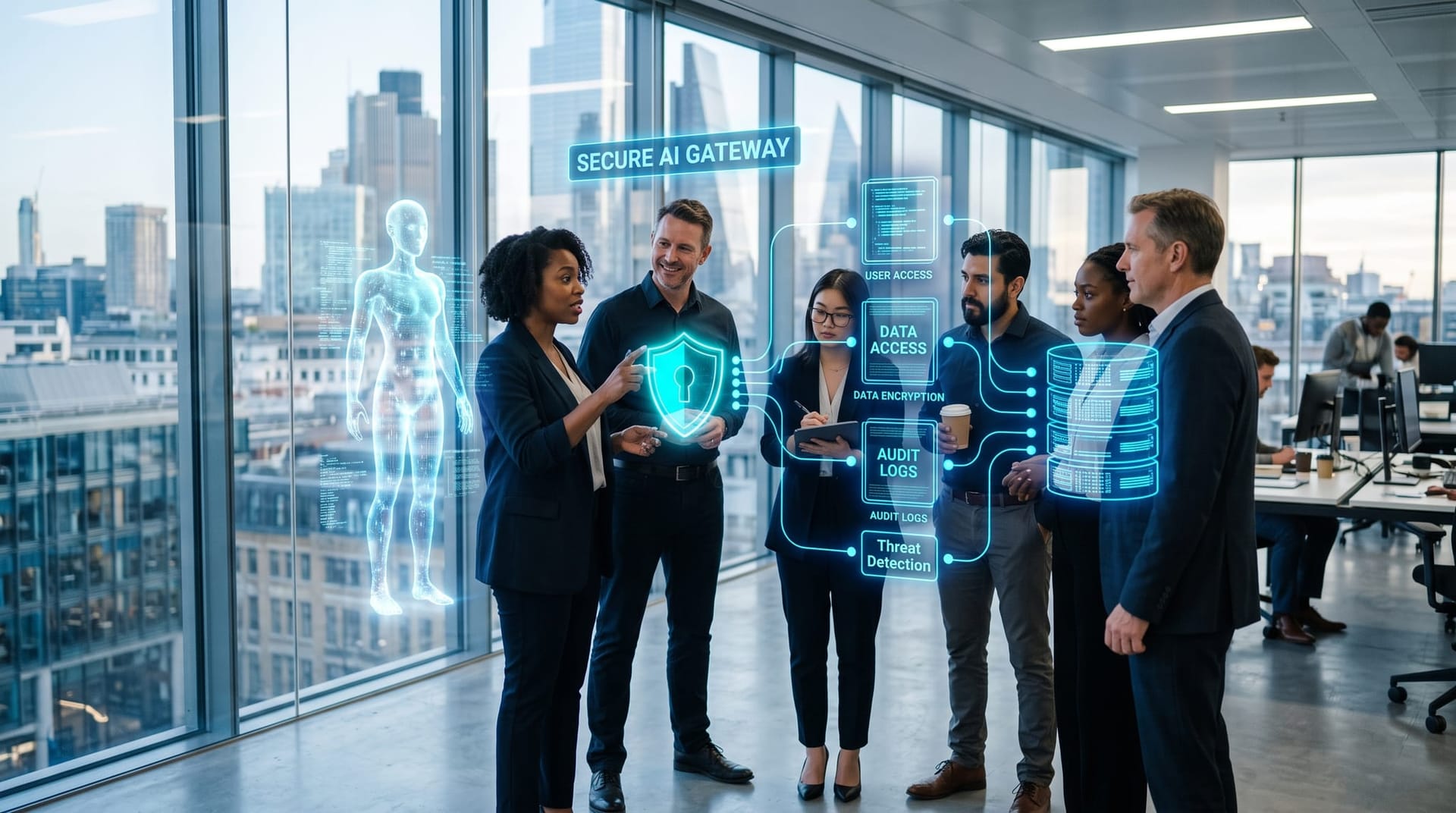 Business team reviewing a glowing cyan gateway diagram that shields customer data behind least-privilege AI security controls
