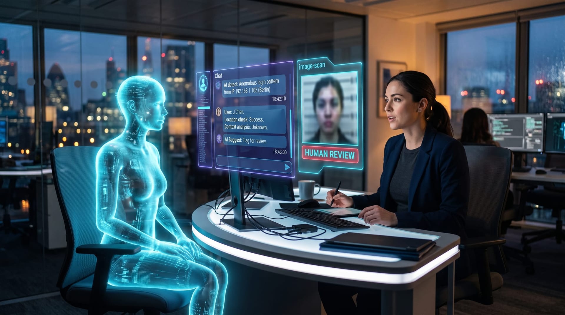 Human security specialist and translucent cyan AI avatar working side by side on a multi-turn conversation audit with floating dashboards