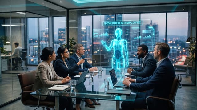 A diverse business team around a glass conference table watching a translucent cyan holographic AI employee present a governed AI deployment dashboard