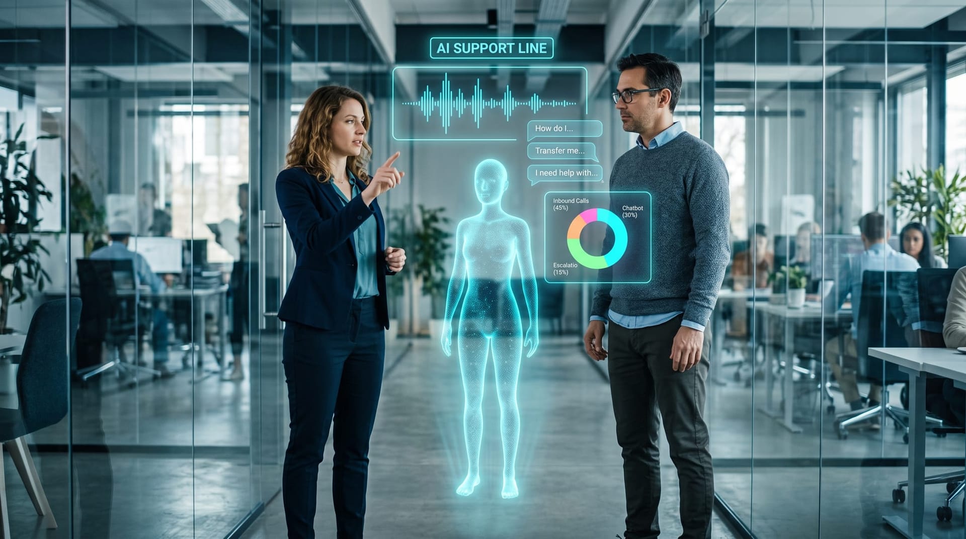 Colleagues watching a translucent blue holographic AI employee handle a live voice and chat support workflow on floating cyan panels