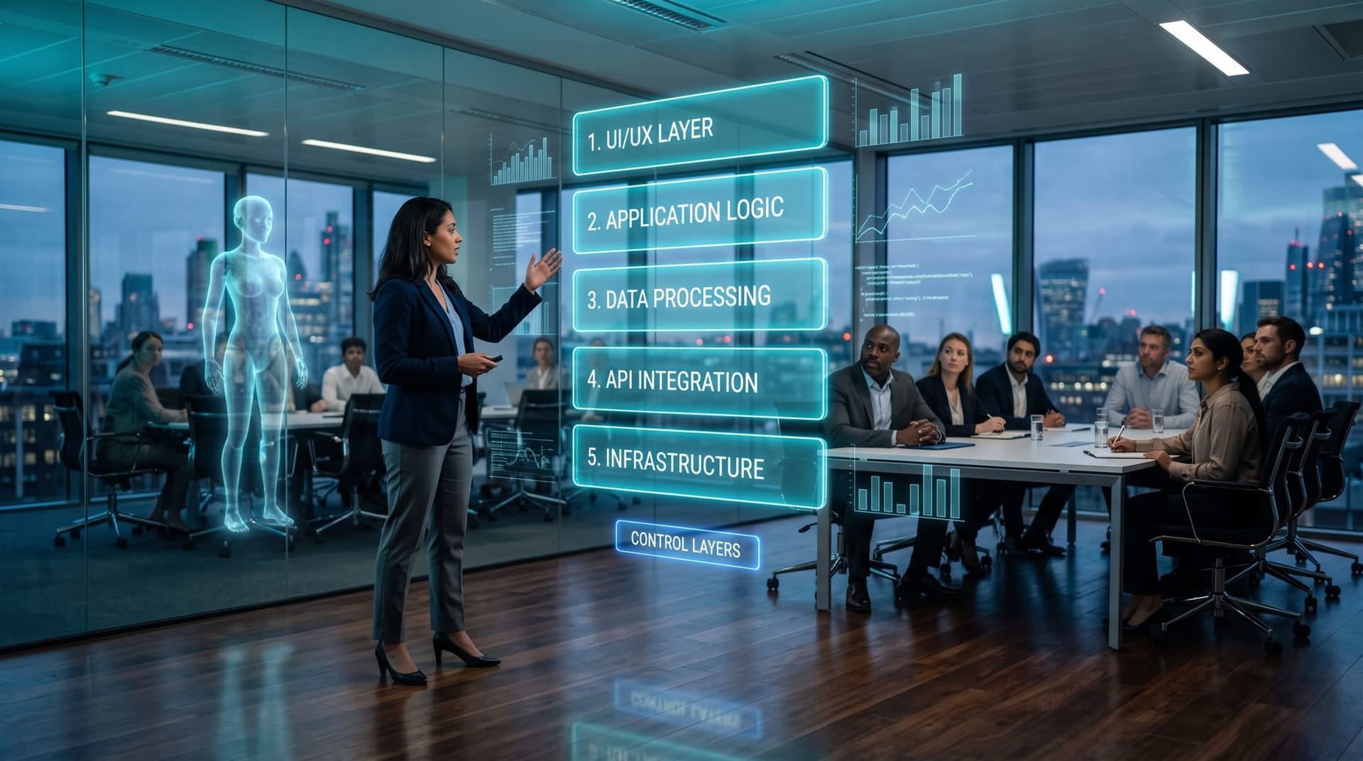 A presenter demonstrating five stacked control layers of a governed AI employee on floating cyan holographic panels in a conference room