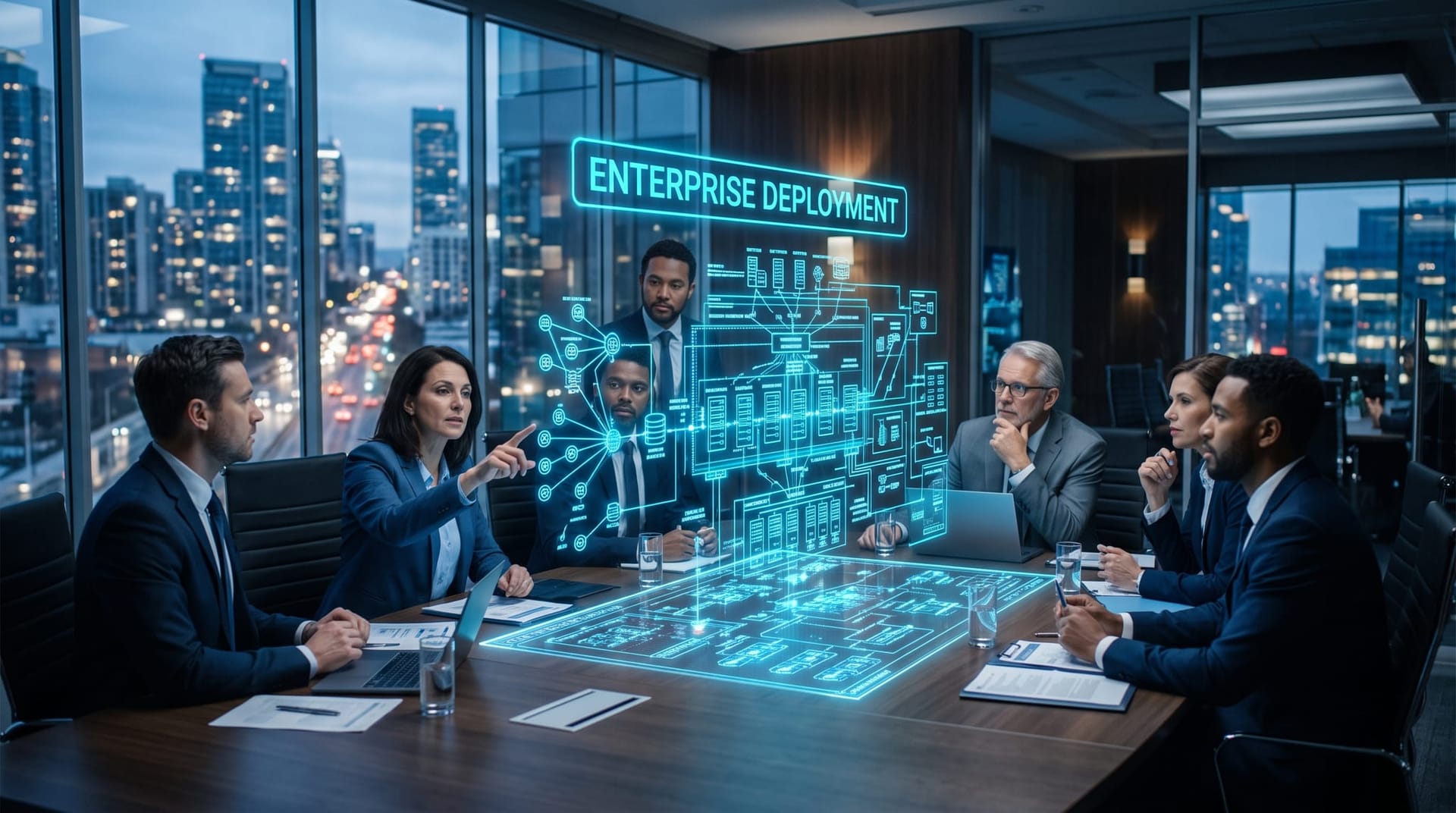 An enterprise consulting team at a large boardroom table reviewing a complex holographic deployment blueprint priced for large enterprises
