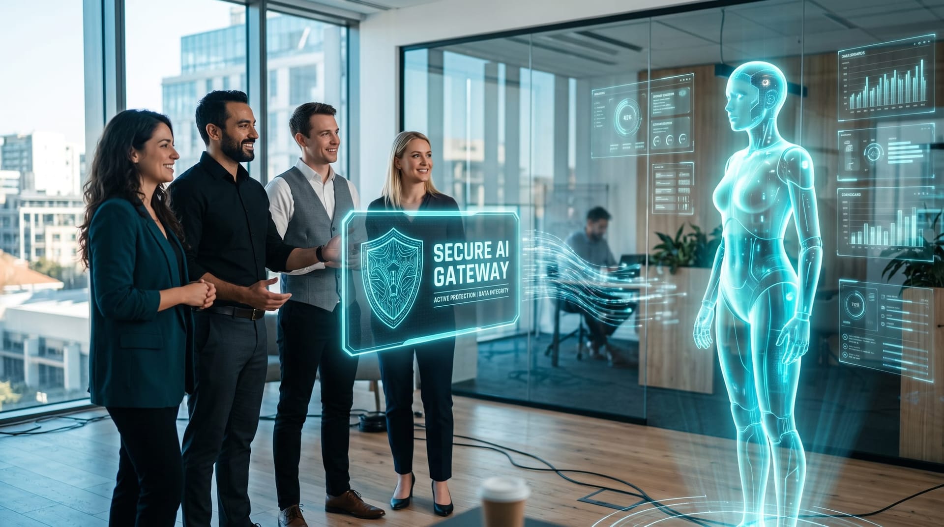 A small business team beside a translucent cyan AI employee that they own, with a floating secure gateway shield panel between them