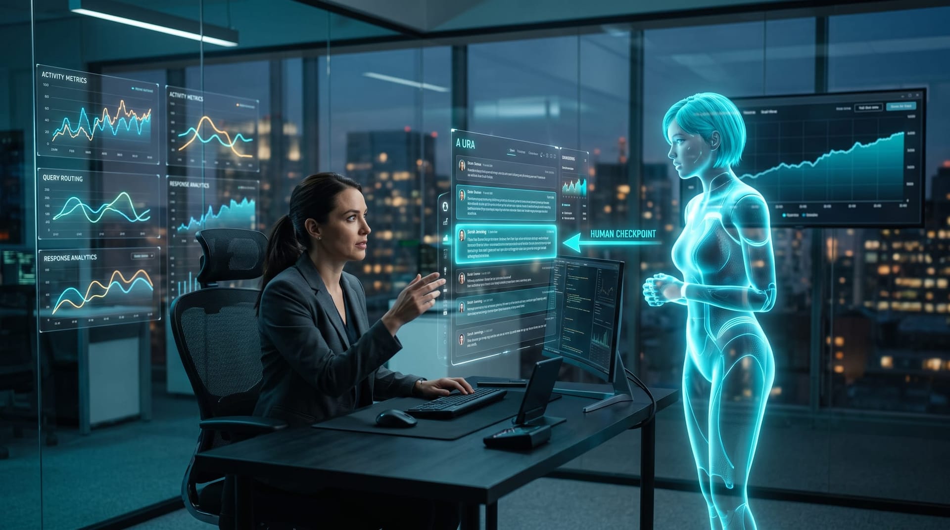 A business professional and a translucent blue AI employee working together at a monitoring station as a flagged case escalates to a human