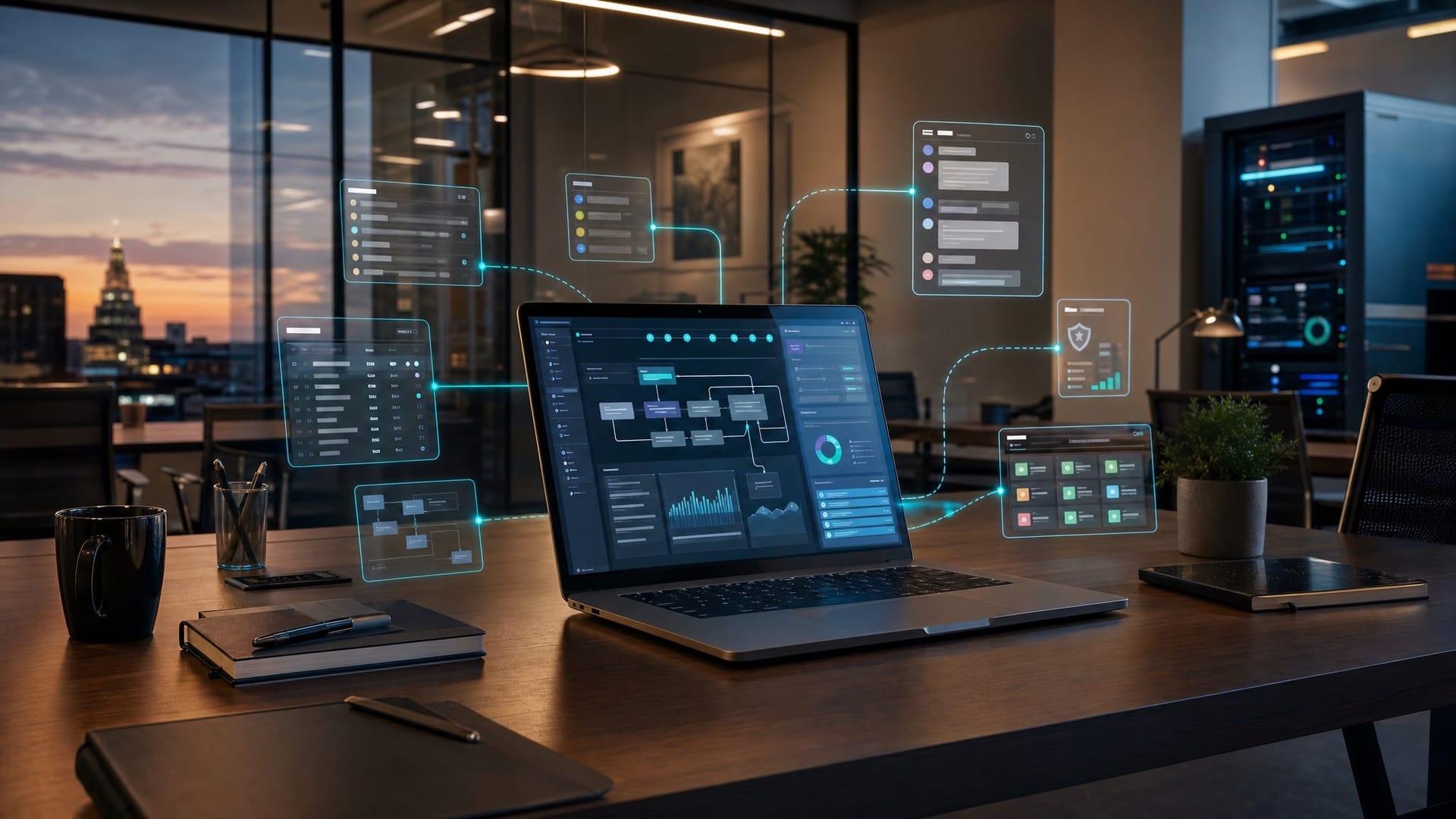 Empty Fort Wayne office workspace at dusk with a laptop running a collaboration stack on a shared desk, representing OpenAI Workspace Agents plugging into Slack and Salesforce for business teams.