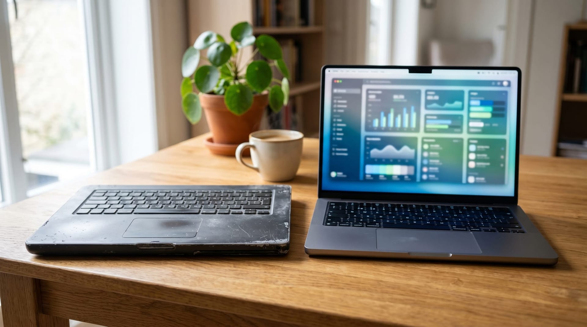 Two laptops on a shared desk under warm lighting, one closed and dusty and one open and glowing, illustrating the migration from legacy Custom GPTs to new OpenAI Workspace Agents.