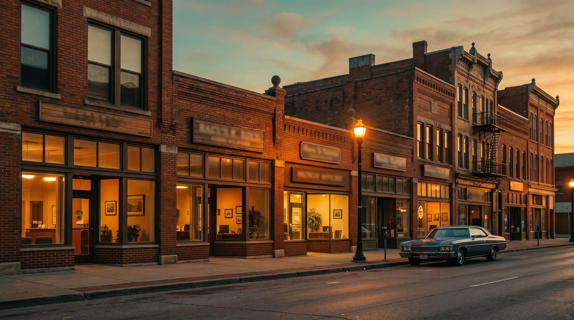 Downtown Fort Wayne brick storefronts at golden hour with warm office lights visible inside small-business windows, representing local SMB migration from Custom GPTs to Workspace Agents.