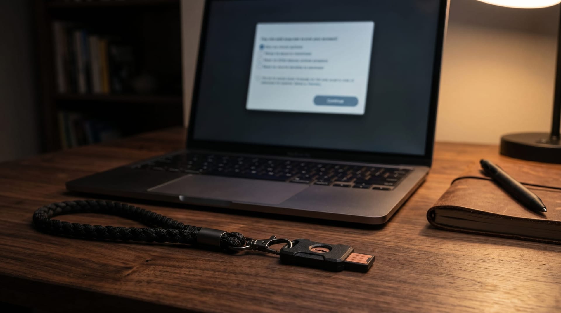 Desk setup with a security key lanyard next to a laptop showing a blurred authorization dialog, representing OAuth scope governance for cross-app AI Workspace Agents.