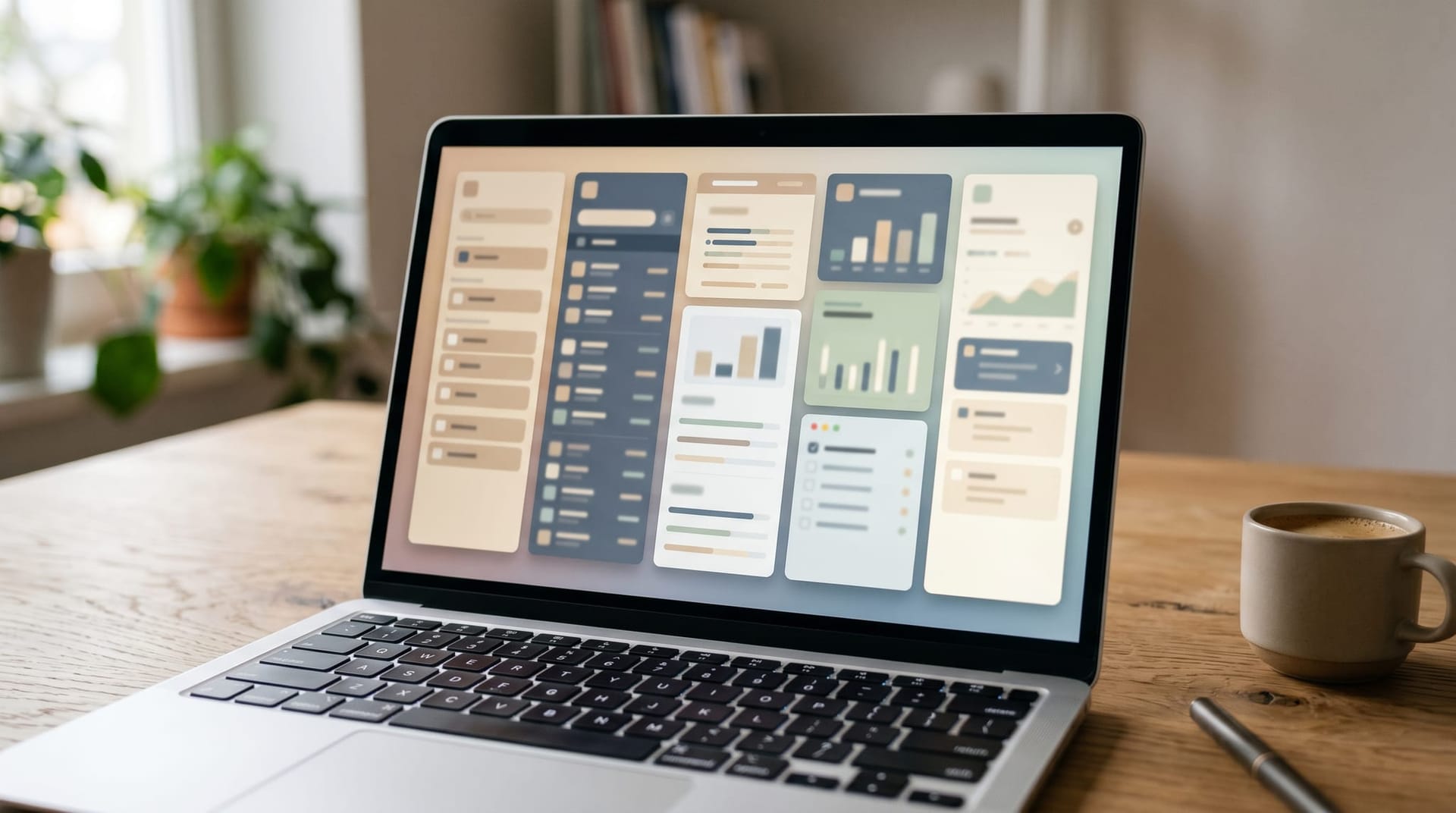 Close-up of an open laptop screen showing blurred stacked app panels resembling Slack and CRM windows, representing OpenAI Workspace Agents embedded inside enterprise tools.