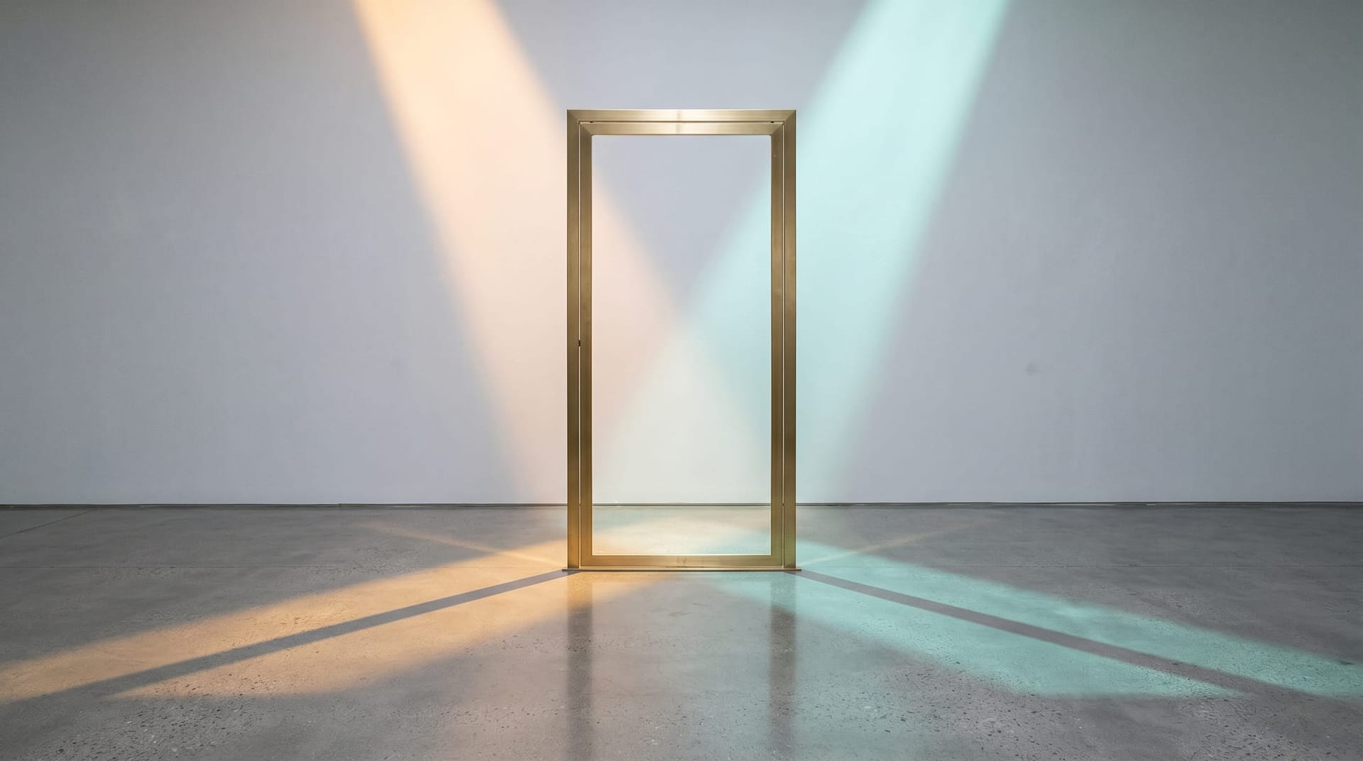 A single brushed-brass freestanding archway gate on polished concrete with two clearly different colored light streams passing through, representing the Secure AI Gateway routing governed and ungoverned video AI workloads differently.