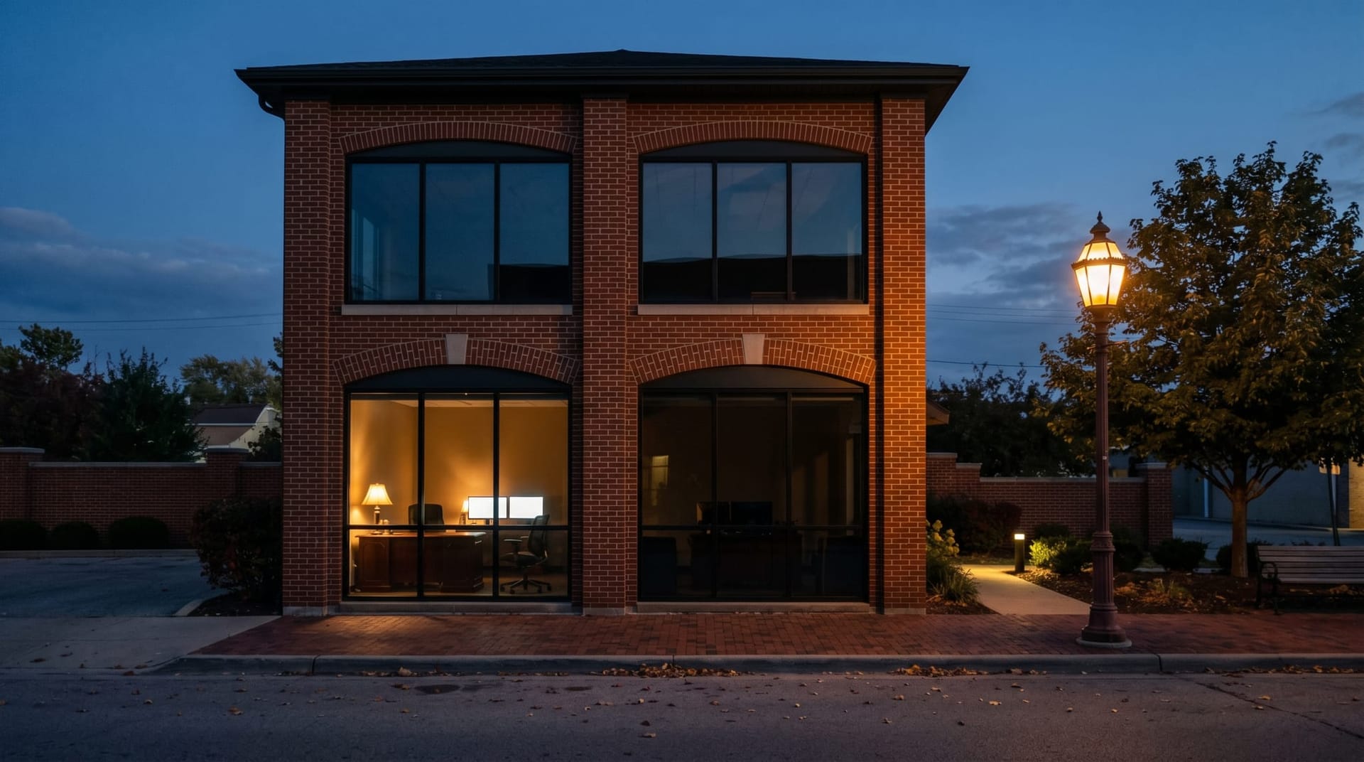 A small Northeast Indiana operations office at dusk with a single lit workspace visible through tall front windows, conveying a 30-day mid-market video AI pilot in shadow mode.