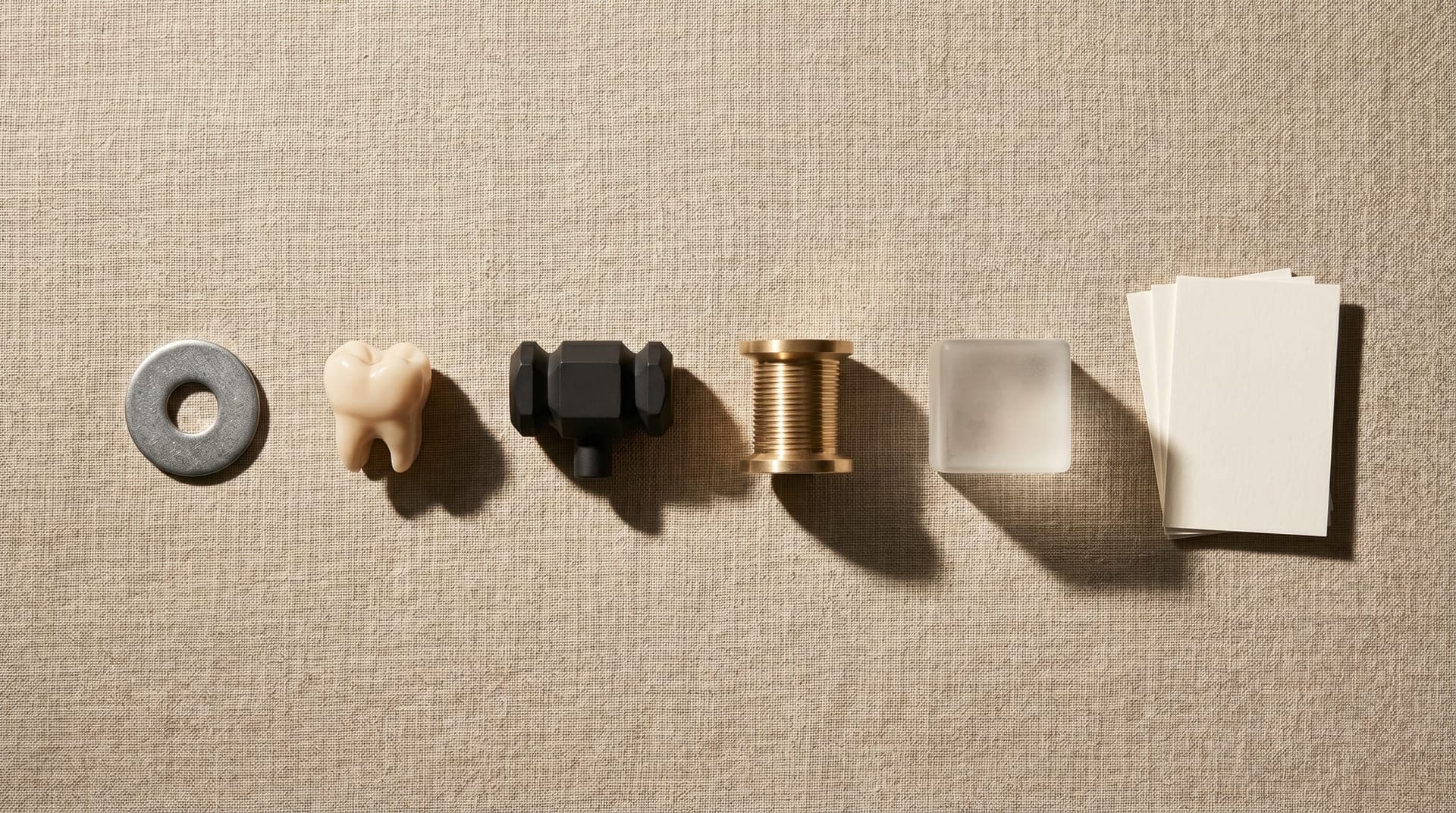 Six small unbranded matte-finish industrial objects arranged in a perfectly spaced row on linen, each representing one mid-market video AI vertical use case from the playbook table.