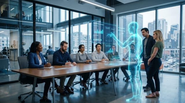 Business team in a glass-walled office collaborating beside a translucent cyan holographic AI teammate that persists and works alongside them
