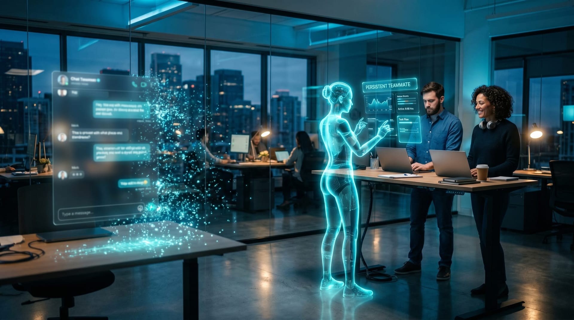 A single glowing chat window fading as a persistent holographic AI teammate takes its place among an office team, showing the shift beyond chatbots